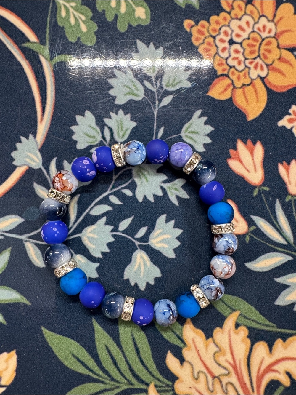 Blue Beaded Stretch Bracelet with Rhinestone Spacers